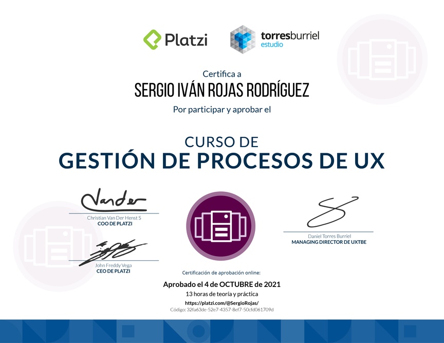 Diploma del Curso de Gestión de Procesos UX