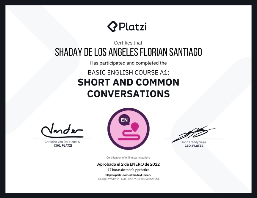 Diploma del Curso de Inglés Básico A1: Conversaciones Cortas y Habituales (2020)
