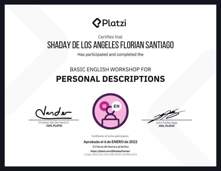 Diploma del Curso de Inglés Práctico para Descripciones Personales (2020=