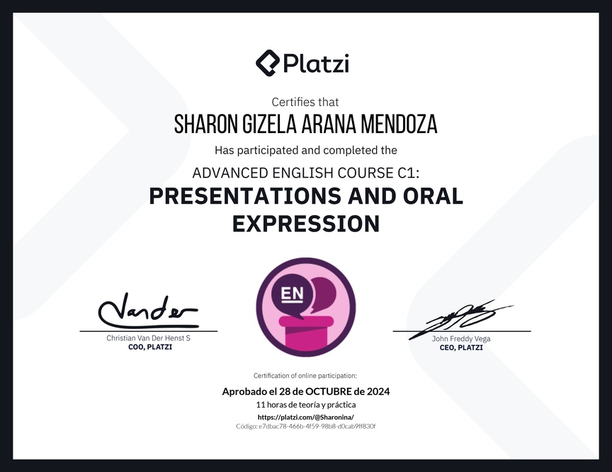 Diploma del Curso de Inglés Avanzado C1: Presentaciones y Expresión Oral