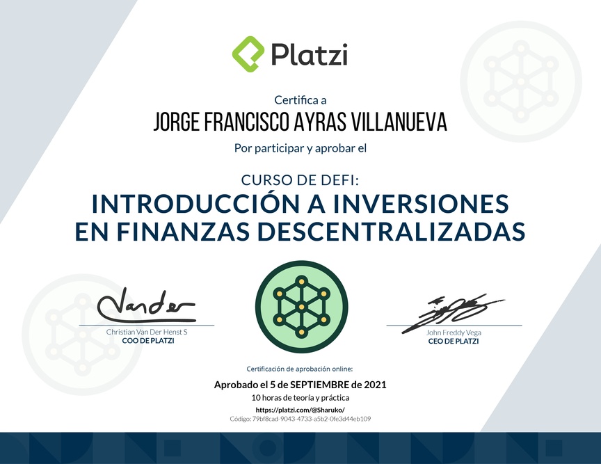 Diploma del Curso de DeFi: Introducción a Inversiones en Finanzas Descentralizadas