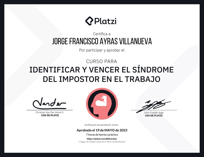 Diploma del Curso para Identificar y Vencer el Síndrome del Impostor