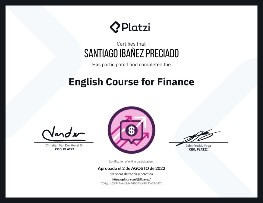 Diploma del Curso de Inglés para Finanzas (2020)