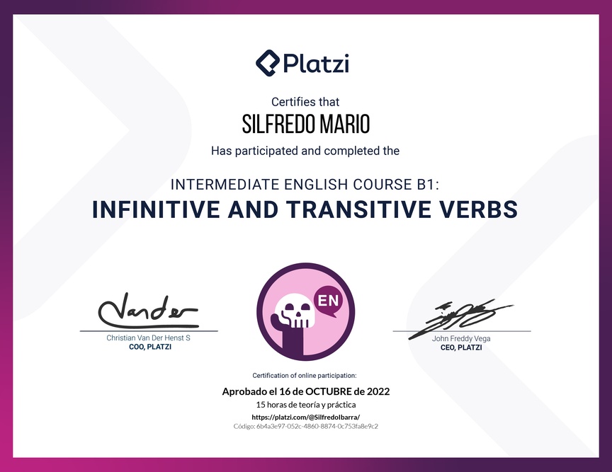 Diploma del Curso de Inglés Intermedio B1: Verbos Infinitivos y Transitivos (2021)