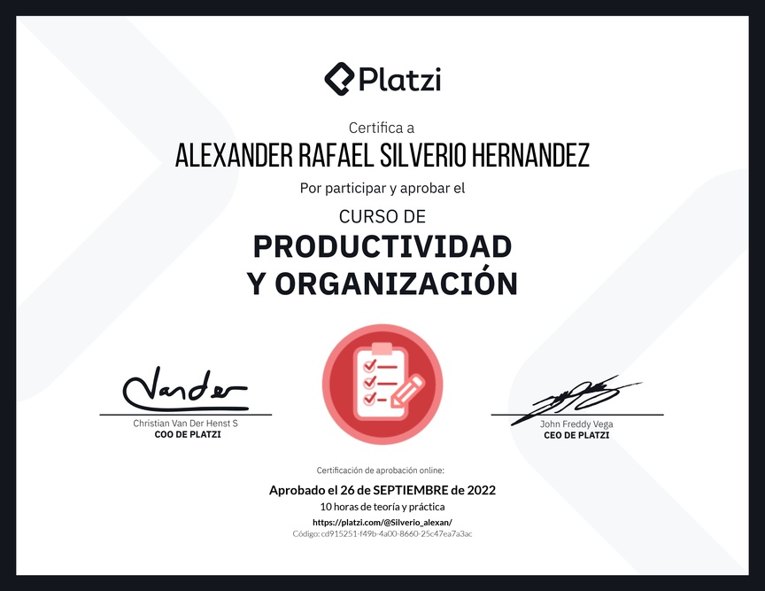 Diploma del Curso de Productividad y Organización