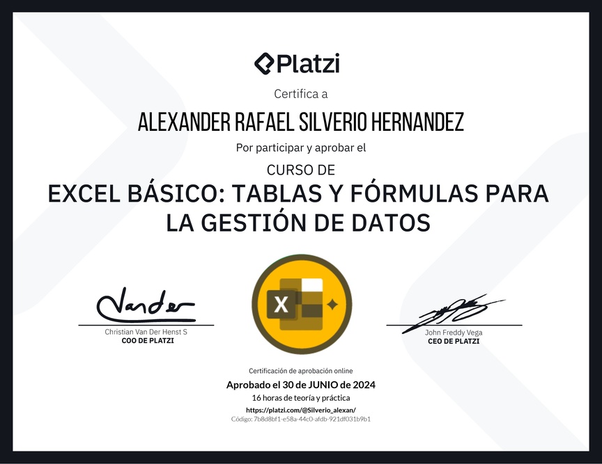 Diploma del Curso de Excel Básico: Tablas y Fórmulas para la Gestión de Datos