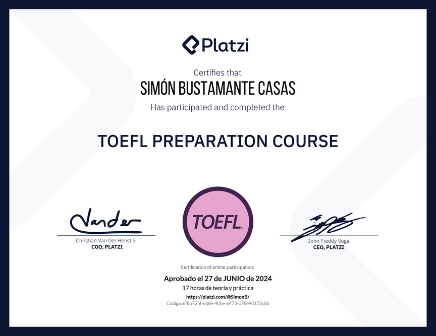 Diploma del Curso de Preparación para TOEFL