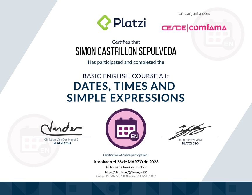 Diploma del Curso de Inglés Básico A1: Fechas, Horas y Expresiones Simples
