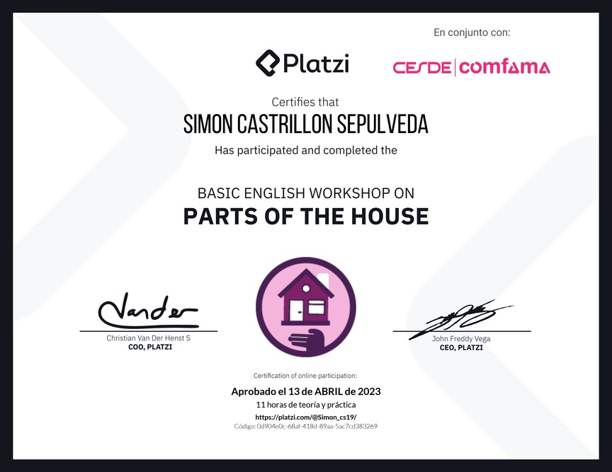 Diploma de Taller de Inglés Básico sobre las Partes de la Casa (2022)