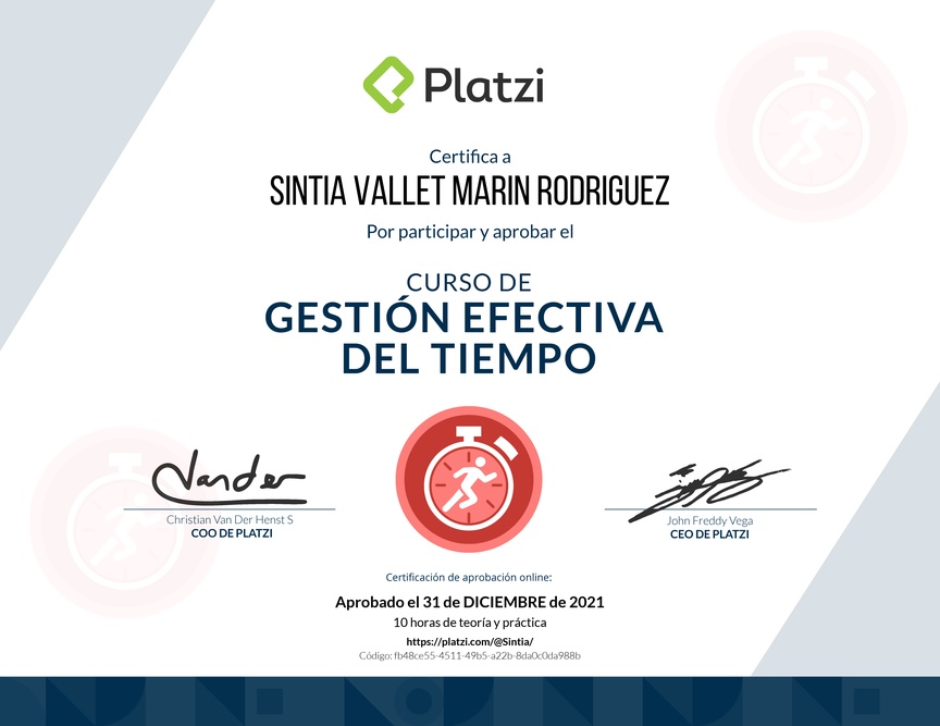 Diploma del Curso de Gestión Efectiva del Tiempo