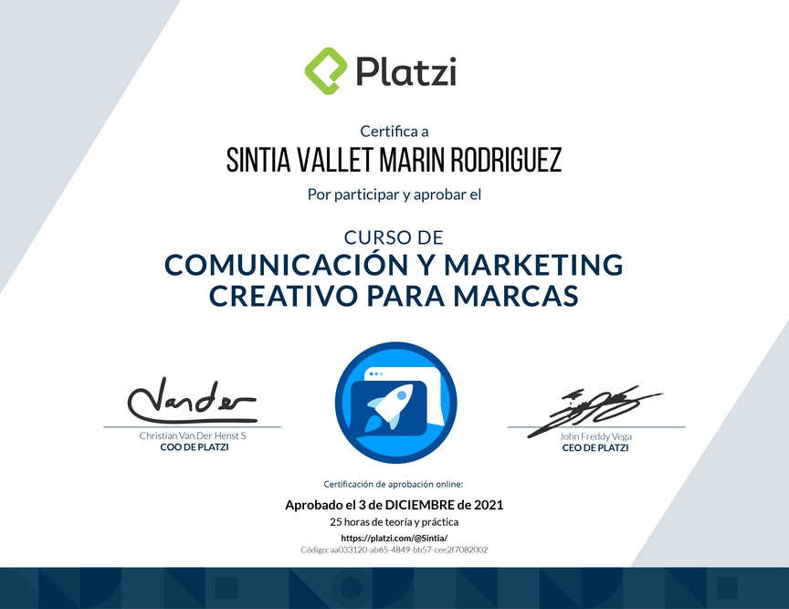 Diploma del Curso de Desarrollo de Estrategias Creativas de Comunicación para Marcas