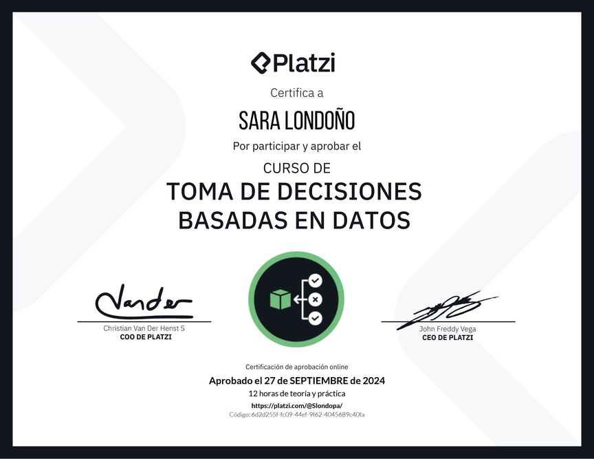 Diploma del Curso de Toma de Decisiones Basadas en Datos