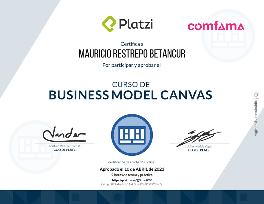 Diploma del Curso de Business Model Canvas