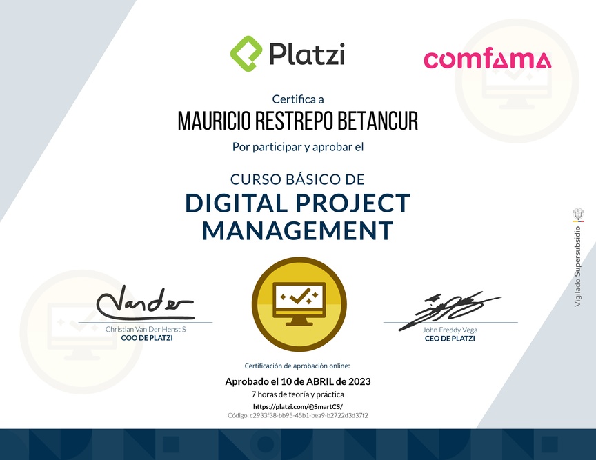 Diploma del Curso Básico de Digital Project Management