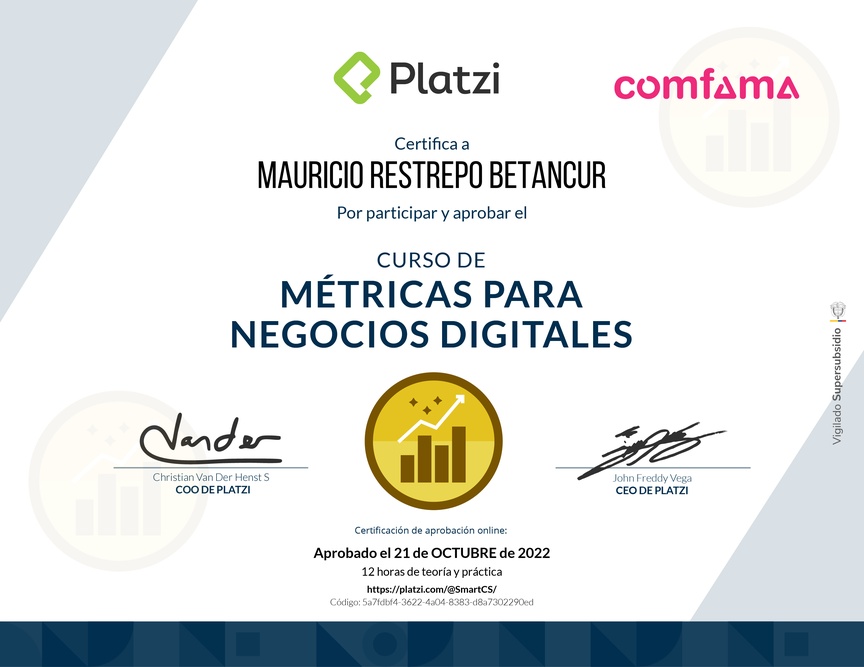 Diploma del Curso de Métricas para Medir el Crecimiento de tu Negocio Digital