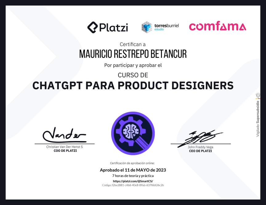 Diploma del Curso de ChatGPT para Product Designers: Diseño asistido por AI