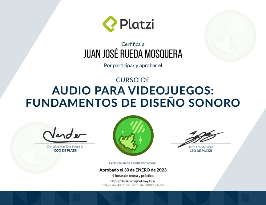 Diploma del Curso de Audio para Videojuegos: Fundamentos de Diseño Sonoro