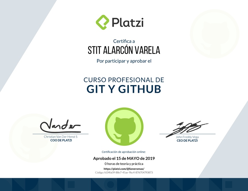 Diploma del Curso profesional de Git y GitHub 2017