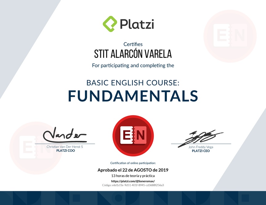 Diploma del Curso de Inglés Básico: Fundamentos 2018