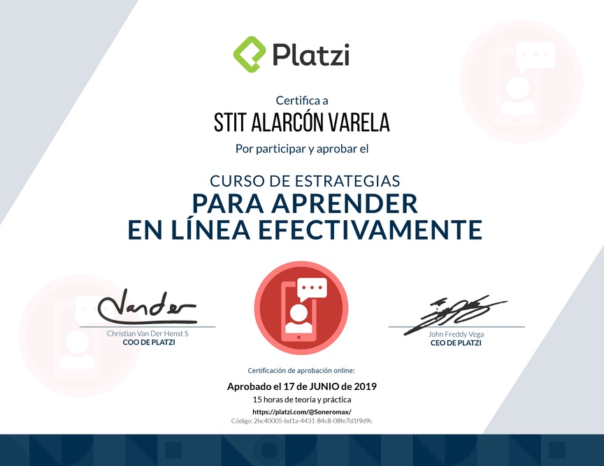 Diploma del Curso de Estrategias para Aprender en Línea Efectivamente 2019