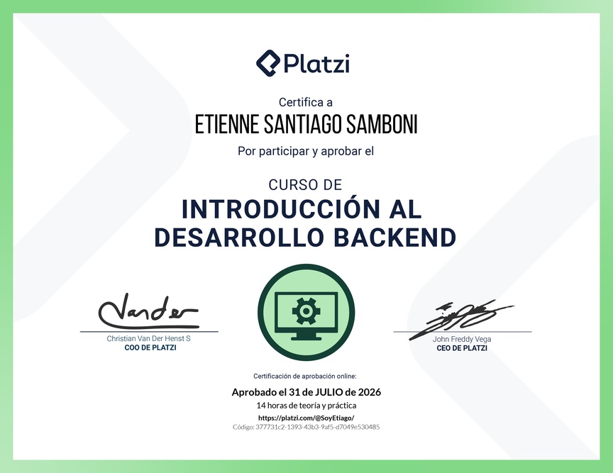 Diploma del Curso de Introducción al Desarrollo Backend