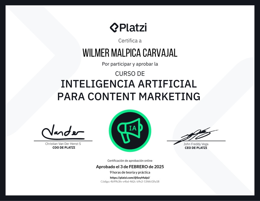 Diploma del Curso de Inteligencia Artificial para Content Marketing