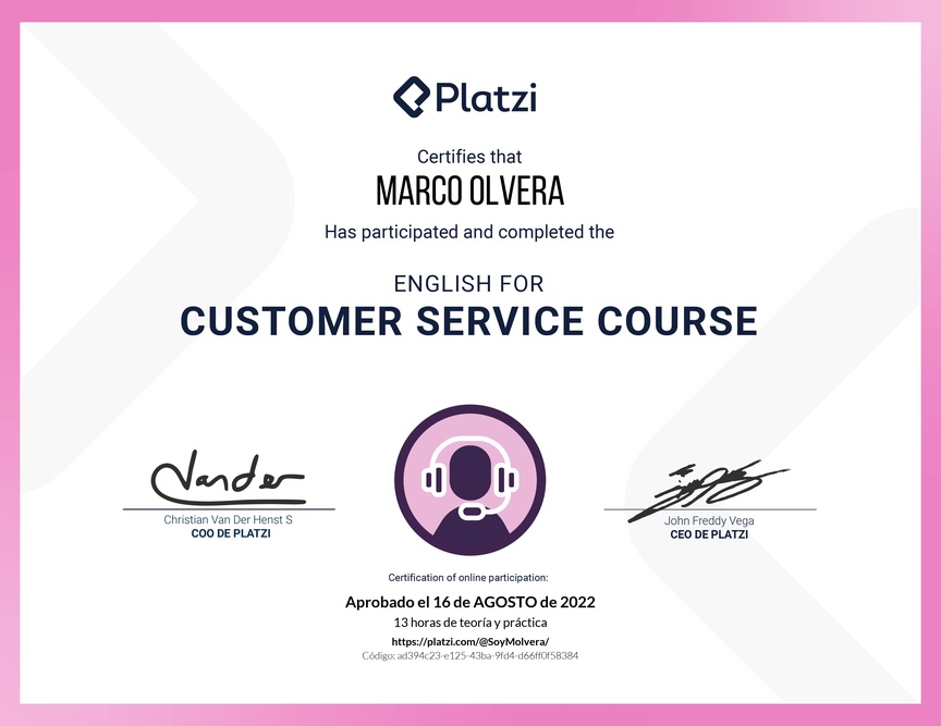 Diploma del Curso de Servicio al Cliente en Inglés (2021)