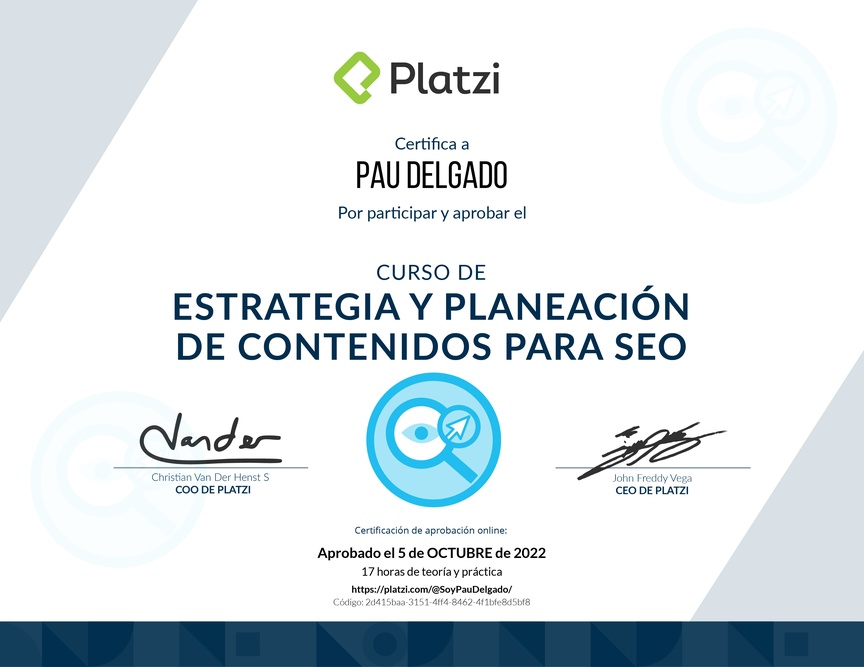 Diploma del Curso de Estrategia y Planeación de Contenidos para SEO (2020)