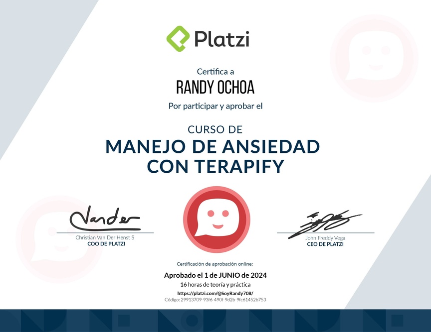 Diploma del Curso de Manejo de Ansiedad con Terapify