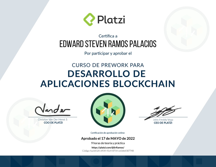 Diploma del Curso de Prework para Desarrollo de Aplicaciones Blockchain 2021