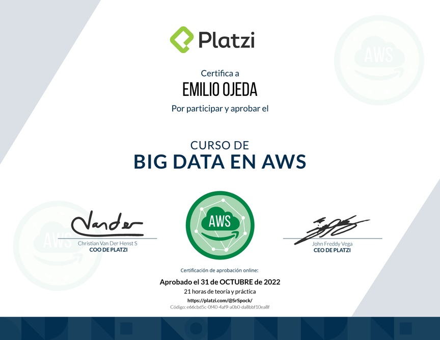 Diploma del Curso de Big Data en AWS