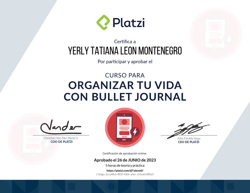 Diploma del Curso para Organizar tu Vida con Bullet Journal