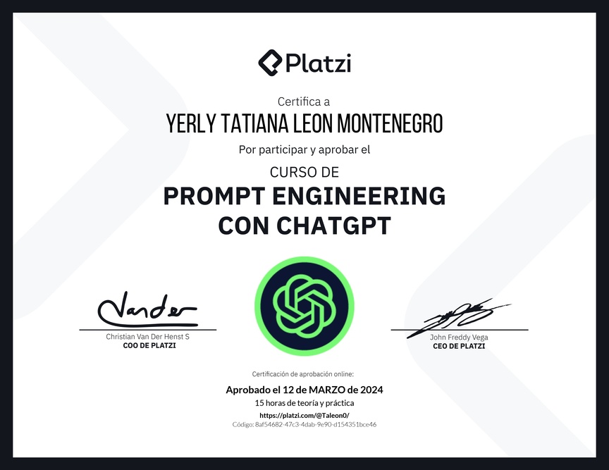 Diploma del Curso de Prompt Engineering con ChatGPT