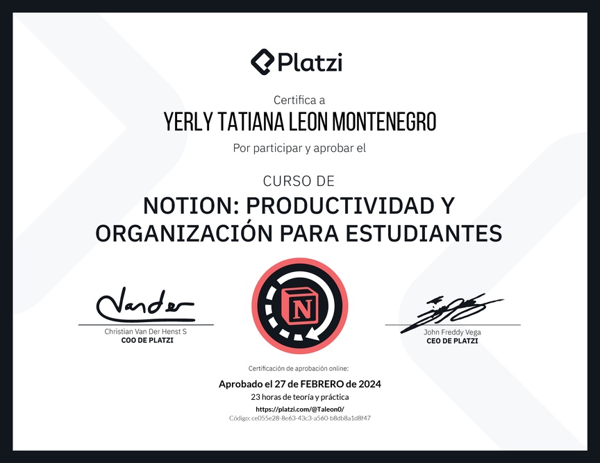 Diploma del Curso de Productividad para Estudiantes en Notion