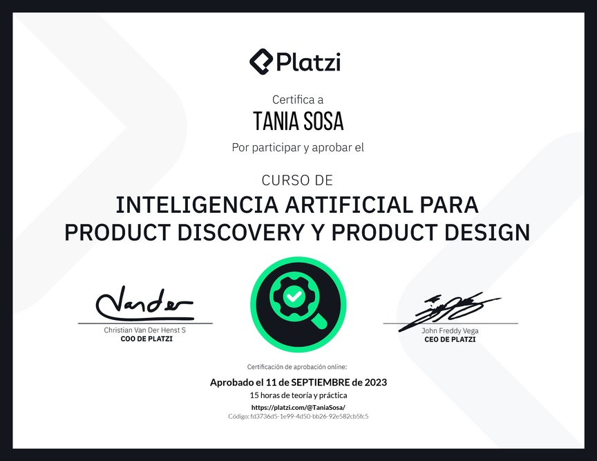 Diploma del Curso de Inteligencia Artificial para Product Discovery y Product Design: Herramientas y Técnicas