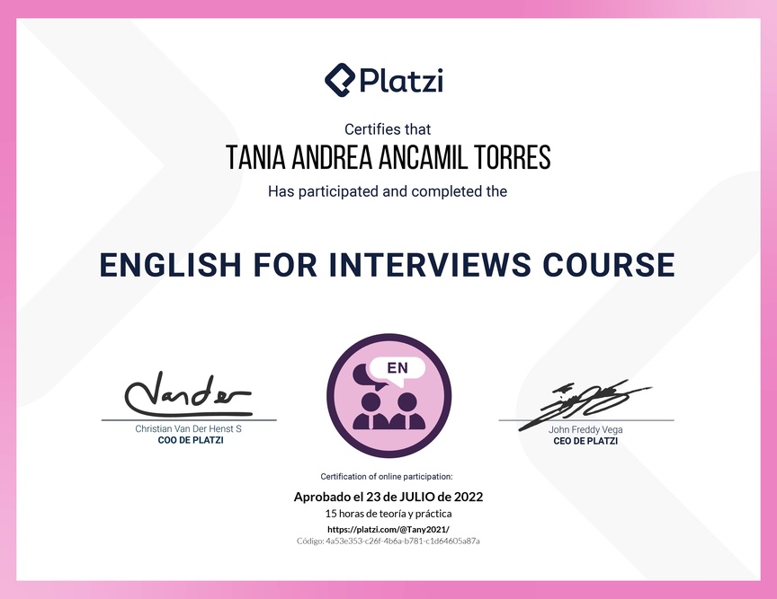 Diploma del Curso para Entrevistas de Trabajo en Inglés (2020)