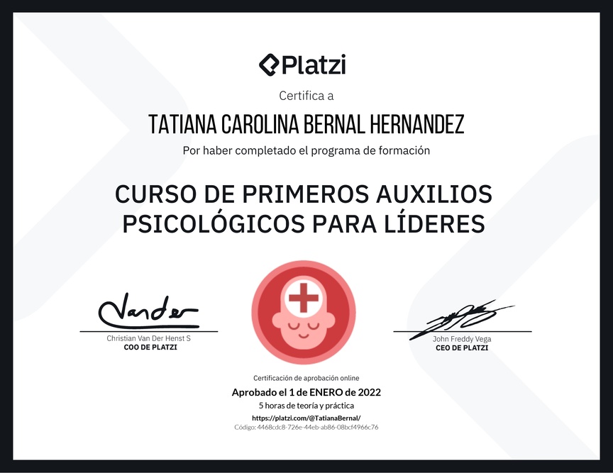 Diploma del Curso de Primeros Auxilios Psicológicos para Líderes