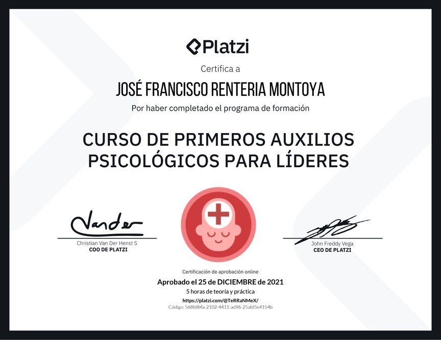 Diploma del Curso de Primeros Auxilios Psicológicos para Líderes