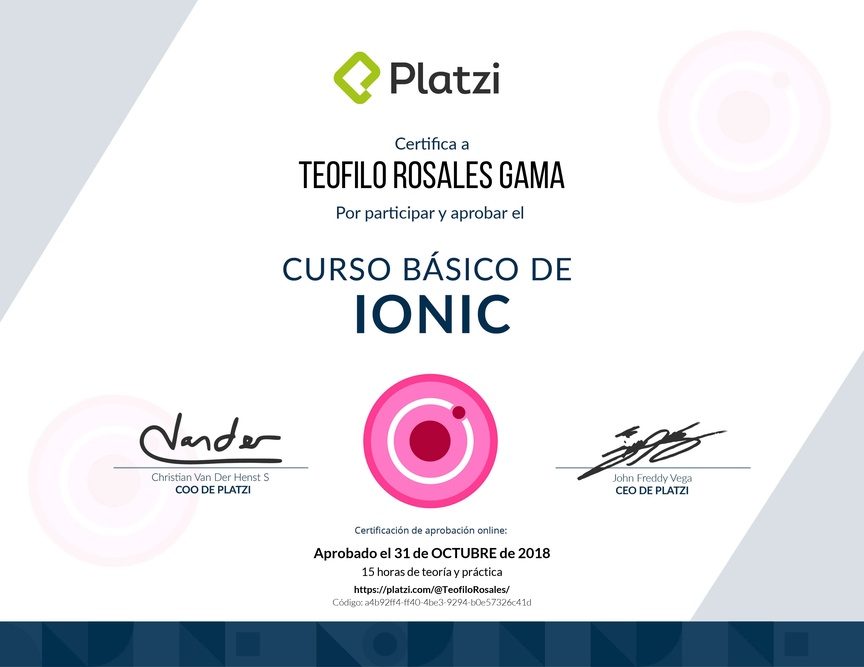 Diploma del Curso Básico de Ionic 2018