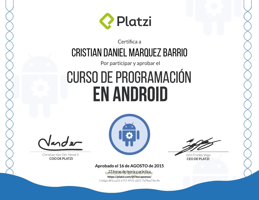 Diploma del Curso de programación en Android 2015