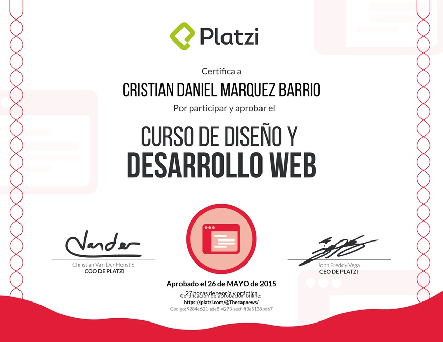 Diploma del Curso de Desarrollo Web desde cero 2015