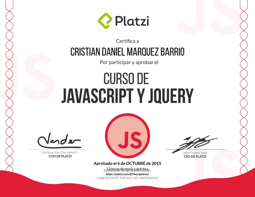 Diploma del Curso de Javascript y JQuery 2014