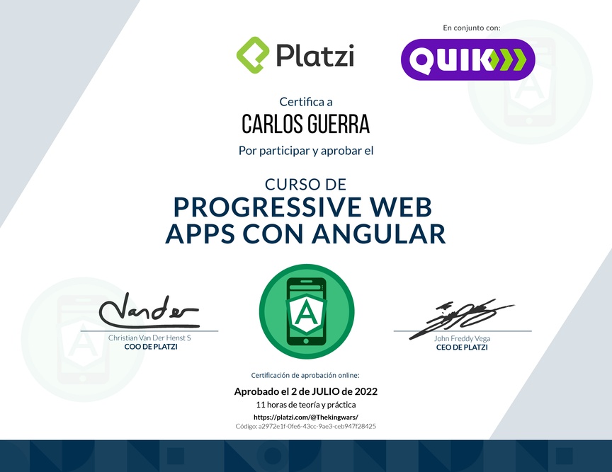 Diploma del Curso de Progressive Web Apps con Angular 8