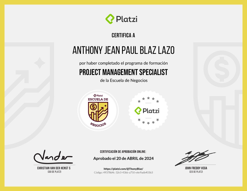 Diploma de la Ruta de Aprendizaje de Project Management Specialist