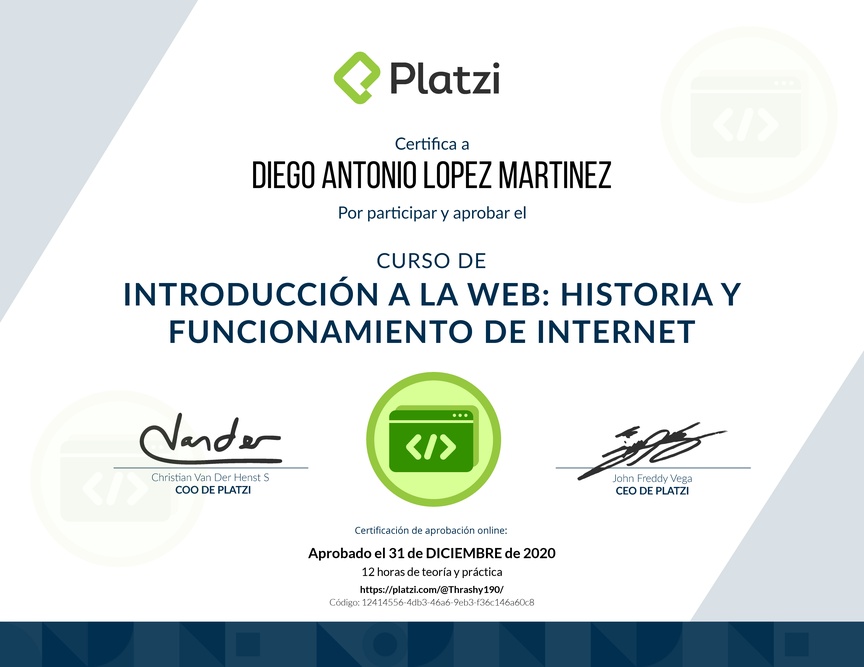 Diploma del Curso de Introducción a la Web: Historia y Funcionamiento de Internet