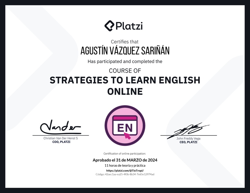 Diploma del Curso Gratis de Estrategias para Aprender Inglés en Línea