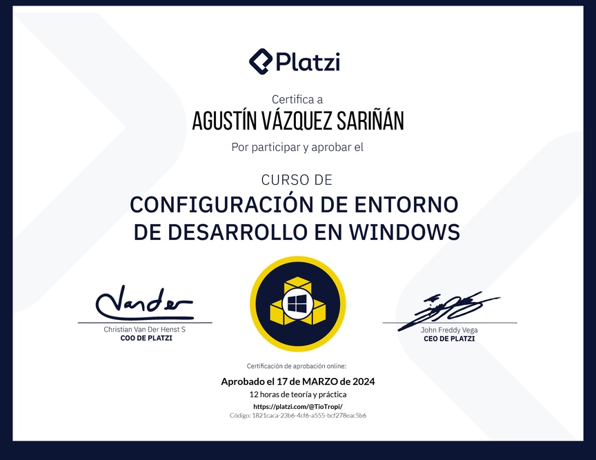 Diploma del Curso de Configuración de Entorno de Desarrollo en Windows