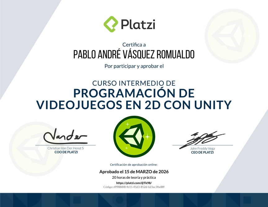 Diploma del Curso de Programación 2D con Unity: Intermedio