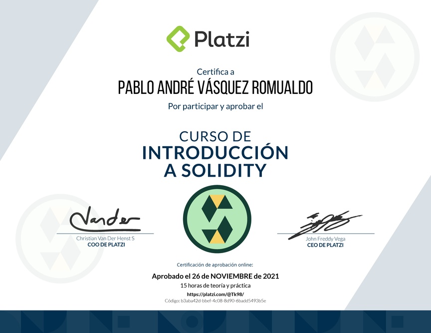 Diploma del Curso de Introducción a Solidity