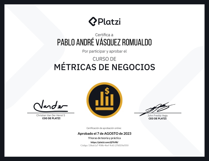 Diploma del Curso de Métricas Esenciales de Negocio